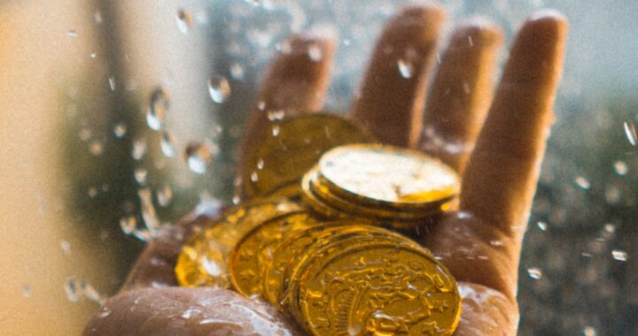 a hand holding a gold coin in front of a window
